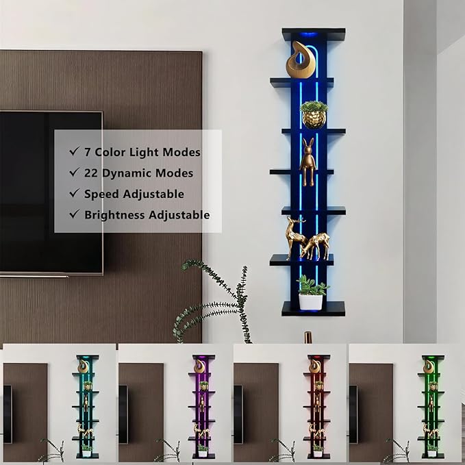 Homaterial 7 Tiers Floating Shelves Wall Mounted, Tall Lack Wall Shelf for Small Spaces， RGB Staggered Vertical Shelves for Storage & Decor for Bathroom, Kitchen, Bedroom,Dressing Room, Black