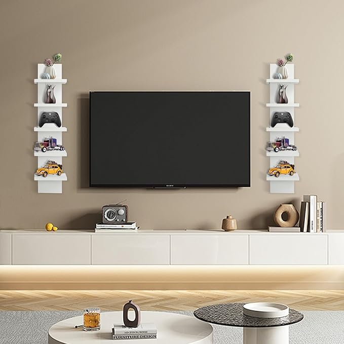2 Pack 5 Tier Wall Shelf Unit - Narrow Smooth Laminate Finish - Vertical Column Wall Decor Mount Floating Storage Home Decor Organizer Tall Tower Utility Shelf for Bedrooms, Living Rooms(White)