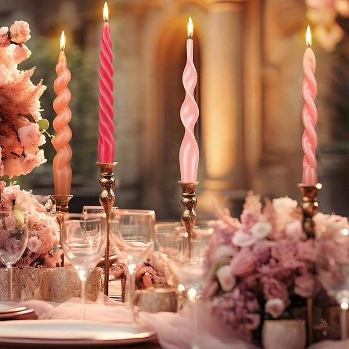 Nuanchu 4 Pcs Twisted Taper Candles Wax Unscented Smokeless Spiral Swirl Candlesticks for Wedding Holiday Dinner Party Home Decorations(7.87 Inch,Pure,Pink)
