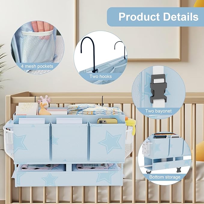 homyfort Bedside Caddy Organizer, Dual-Purpose Bedside Storage with Power Strip Holder, Versatile Bed Caddy with 11 Pockets for Bunk Bed, College Dorm, Home, Hospital, Fits Phones, Books, Blue