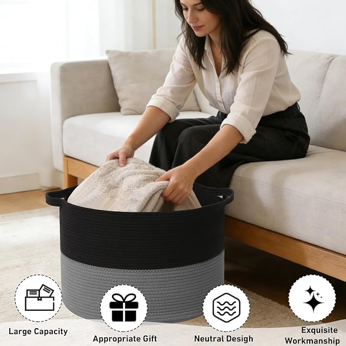 65L Large Blanket Basket,Woven Rope Laundry Basket Hamper with Handles,Decorative Nursery Basket Storage Bin for Toys, Pillows,Clothes Organizer, Living Room,Bedroom,Bathroom,Black&Dark Grey