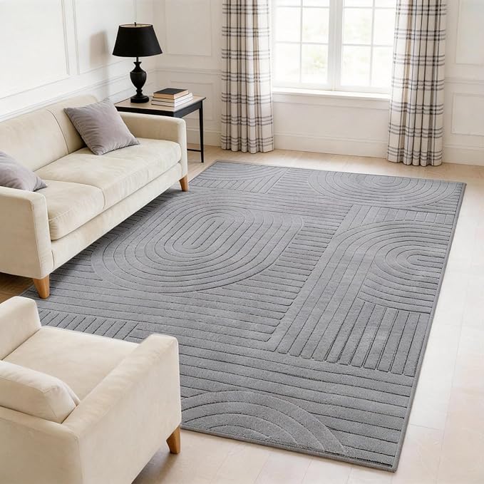 5x7 Solid Color Area Rugs – Washable Living Room Rug, Durable Non-Slip Indoor Carpet with Soft High-Low Pile, Fluffy Floor Rugs for Bedroom, Bedside, Kids Room, Dorm, Nursery, Home Décor, Grey