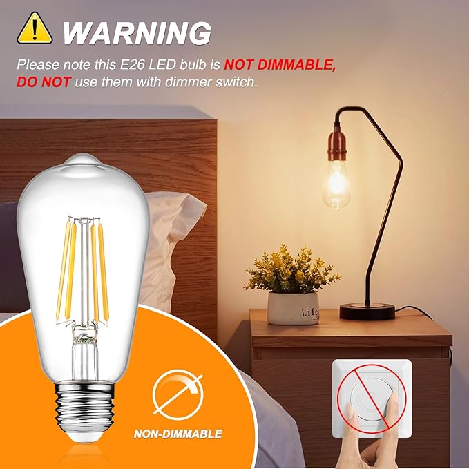 Ascher Vintage LED Edison Bulbs 6W, Equivalent 60W Incandescent, Non-Dimmable, Warm White 2700K, ST58 Antique LED Filament Bulbs with 80+ CRI, E26 Medium Base, Clear Glass, 6-Packs