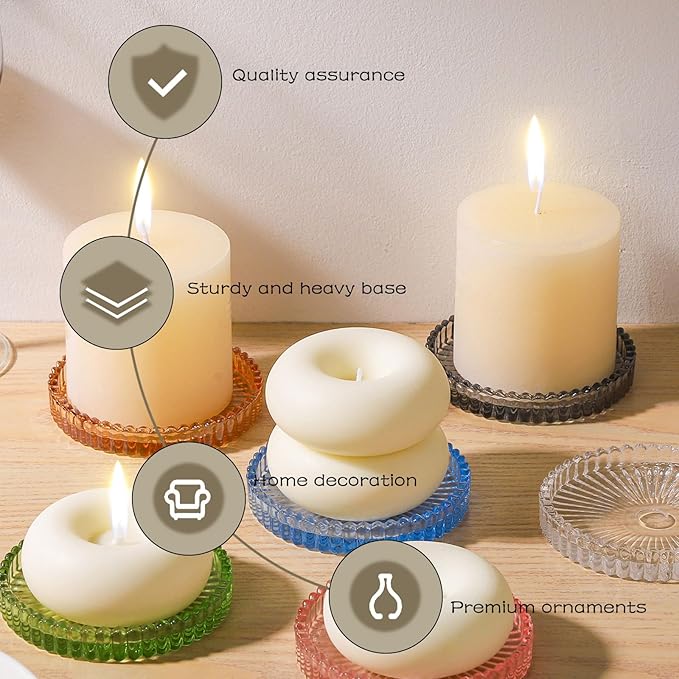 2 Pack Glass Pillar Candle Holders 4 Inch Ribbed Edge Design Decorative Candle Plate with Serrated Edges Clear Gray Display Stand for Wedding Home Decor Table Centerpieces