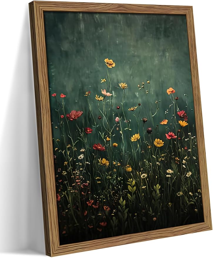 Wildflower Field Framed Wall Art, Vintage Botanical Flower Wall Decor, Modern Farmhouse Floral Canvas Art, Green Field Landscape Pictures Artwork for Living Room Bedroom – 8x10 inch