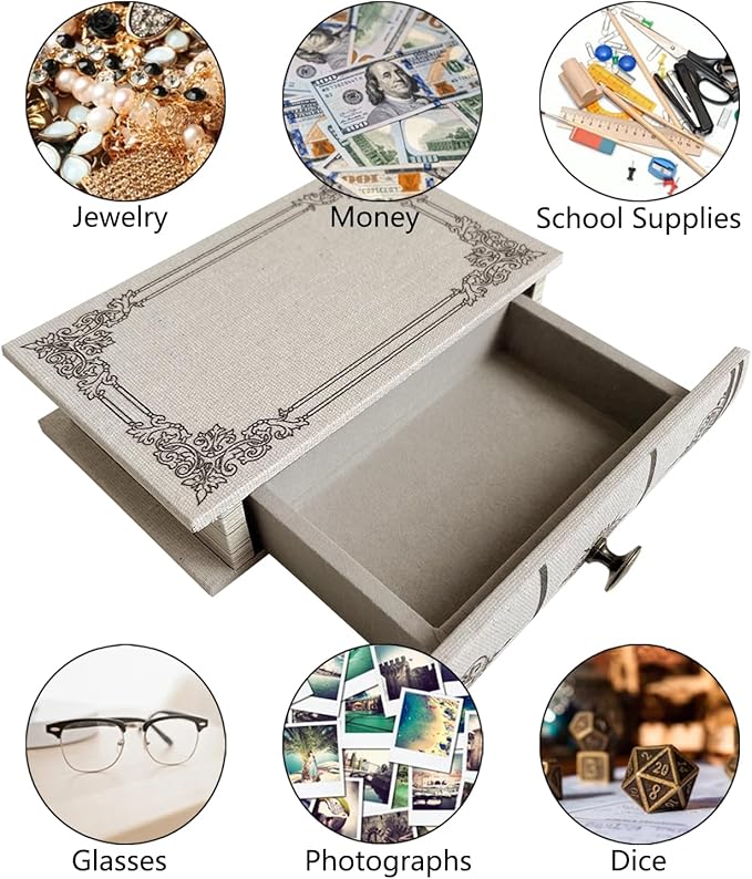 Vintage Book Storage Box with Drawer, Natural Linen-Textured Cover with Classic Frame Pattern, Hidden Organizer for Jewelry, Keepsakes or Desktop Use 9.5″ x 6.7″ x 2″
