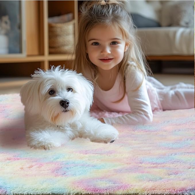 Rainbow Rug for Girls Bedroom: Fuzzy Rugs for Kids Room - Rainbow Carpet for Bedroom Decor