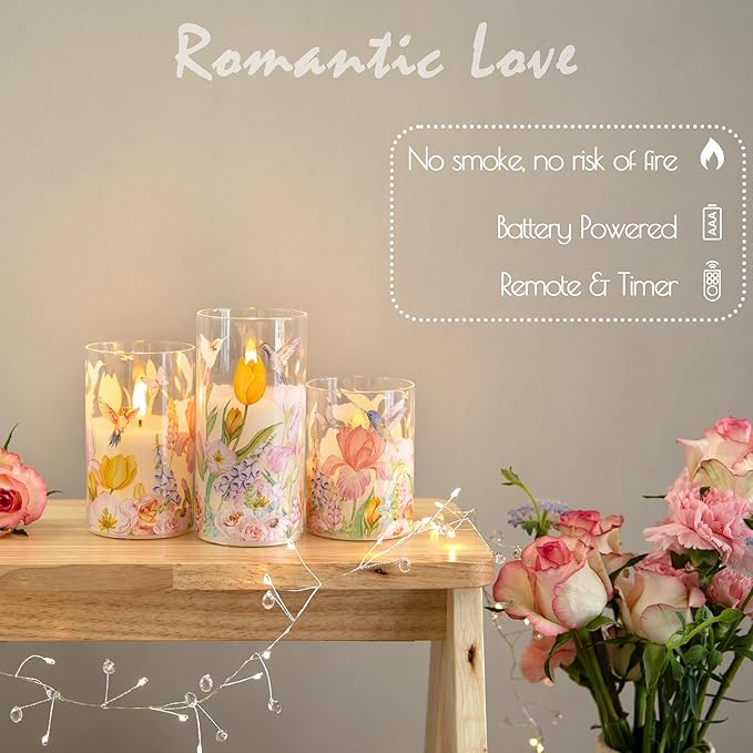 LUSHARBOR Flameless Candles with Remote, Battery Operated Glass Candles Hummingbird Flickering LED Electric Pillar Candles Real Wax Floral Christmas Decor Set of 3