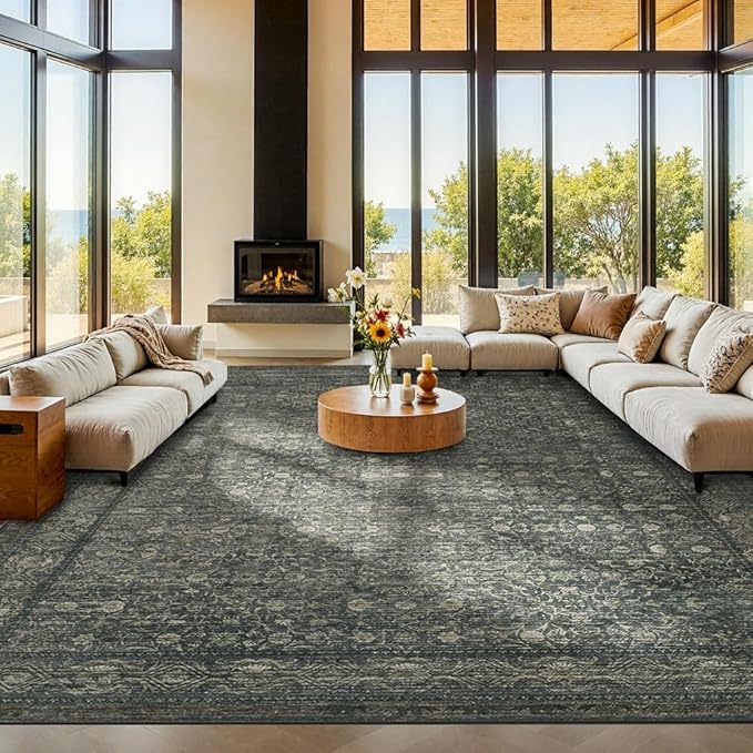 10x14 Washable Area Rug for Living Room, Extra Large,Green Vintage Floral Boho Rugs for Dining Room, Farmhouse, Durable Low Pile Non Slip Carpet for High Traffic Areas, Moss Brown