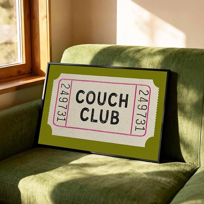 Vintage Canvas Wall Art Couch Club Ticket Wall Decor Retro Green Minimalist Quote Poster Fashion Green Aesthetic Posters Vintage Funny Artwork for Living Room Bedroom Home Decor, 24x16inch Unframed