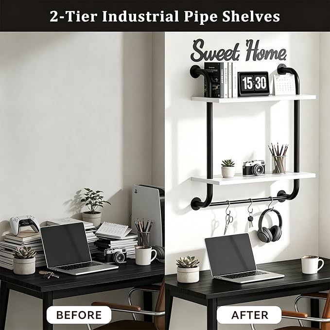 Tinpin Bathroom Shelves Wall Mounted, Rustic Farmhouse Pipe Shelves 2-Tier, Floating Shelf Wall Decor for Bathroom, Kitchen, Bedroom, Living Room Thanksgiving Day 17.3in White