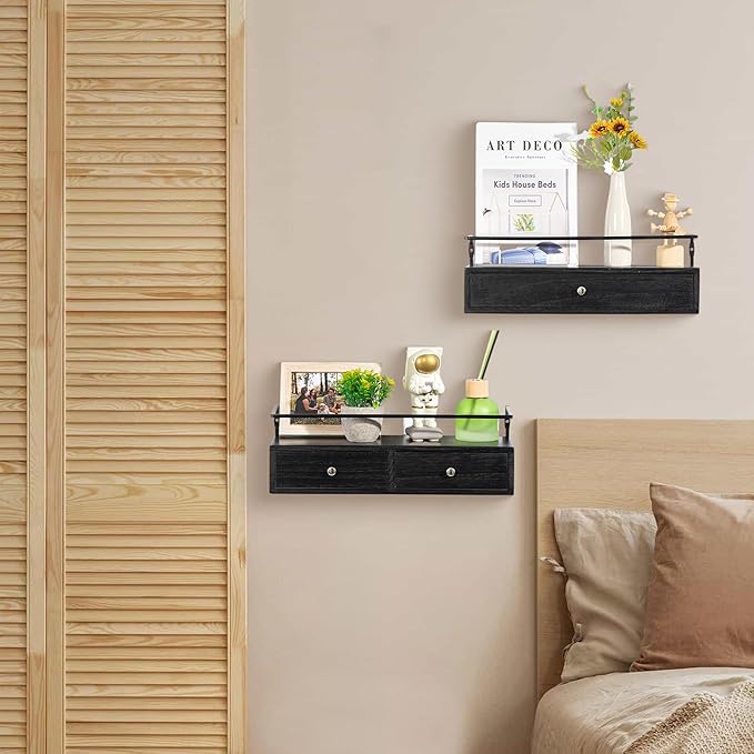 DreamPossible Floating Shelves - Wall Mounted Bathroom Shelf Set of 2 with Drawers, Rustic Wood Shelves for Bedroom, Living Room, Kitchen, Home Decor, Plants, Books (Black)