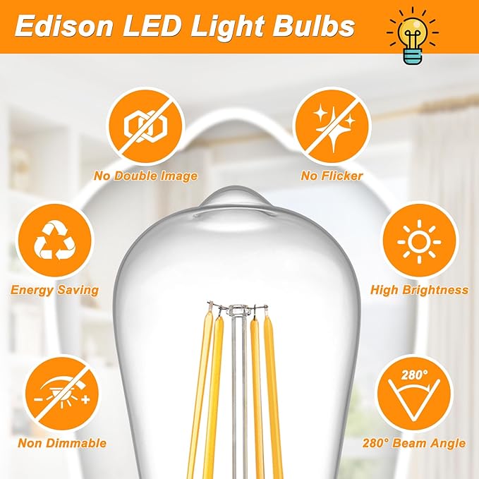 Ascher 12-Pack Vintage LED Edison Light Bulb 60W Equivalent, Decorative Antique Filament Light Bulbs with 80+ CRI, Warm White 2700K, 700 Lumens, E26 Base, Non-Dimmable