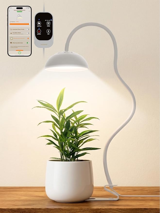 GLOWRIUM Smart Grow Lights for Indoor Plants,10W Full Spectrum Plant Lights with Bluetooth App Control, 360° Flexible Gooseneck Grow Lamp, Auto Timer 3/9/12Hrs, 10 Brightness for Small Plants (White)