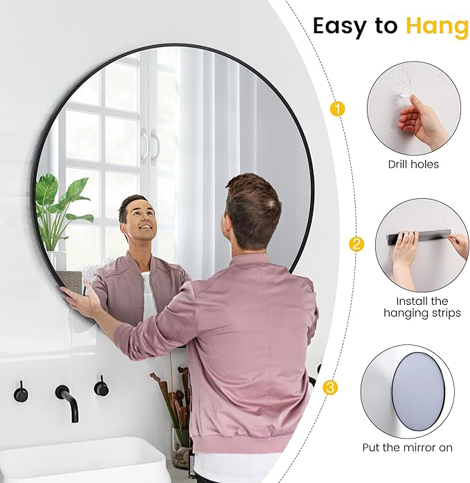 GarveeHome Round Miror, 18 in Small Aluminum Alloy Frame Circle Mirror, High Definition Eco-Friendly Black Round Bathroom Mirror for Over Sink, Wall Mirror for Entryway, Bathroom, Vanity
