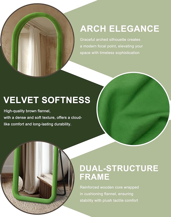 Delma Arched Full Length Mirror, Free Standing Floor Velvet Finish Frame Mirror for Leaning or Hanging, Soft Touch Bedroom & Living Room Decor,Green