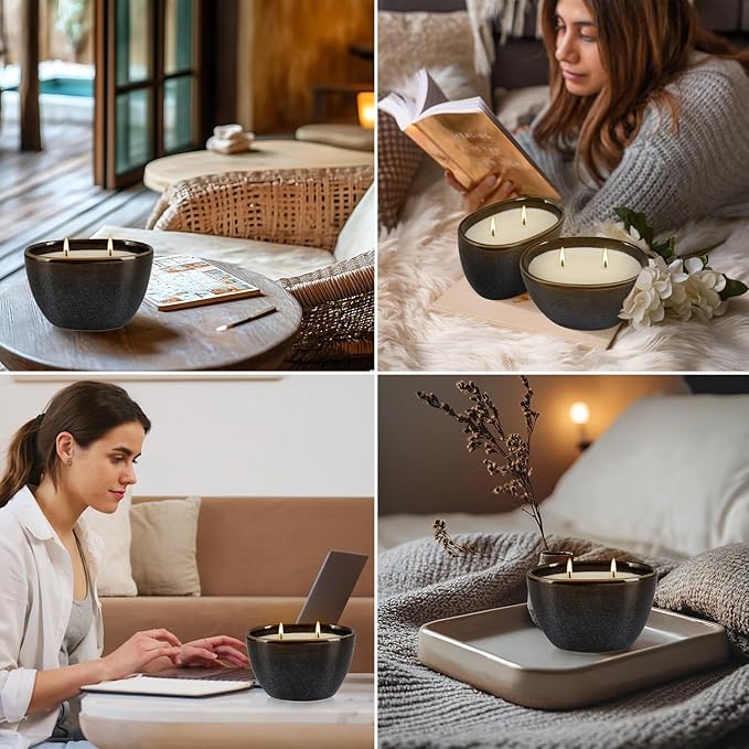 2-Pack Black Ceramic Citronella Scented Candles – Dual-Wick, All-Natural Wax, Decorative Geometric Design for Indoor/Outdoor Ambiance