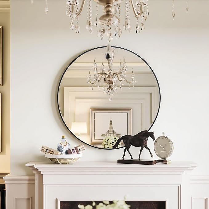 Growsun Black Round Mirror 24 inch, Wall Mounted Circle Mirror, Metal Framed Mirror for Bathroom Vanity, Bedroom Home Decor Mirros