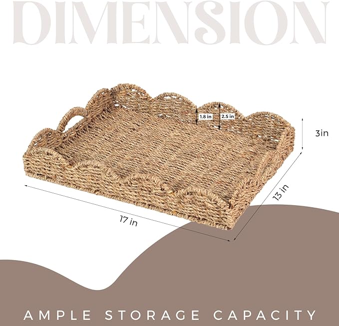 Scalloped Seagrass Tray, Hand-Woven Wicker Storage Baskets with Scalloped Edge and Handles (17x13x3in) Rectangular Handwoven Trays, Seagrass Basket for with Built-in Handles (Dark Brown)