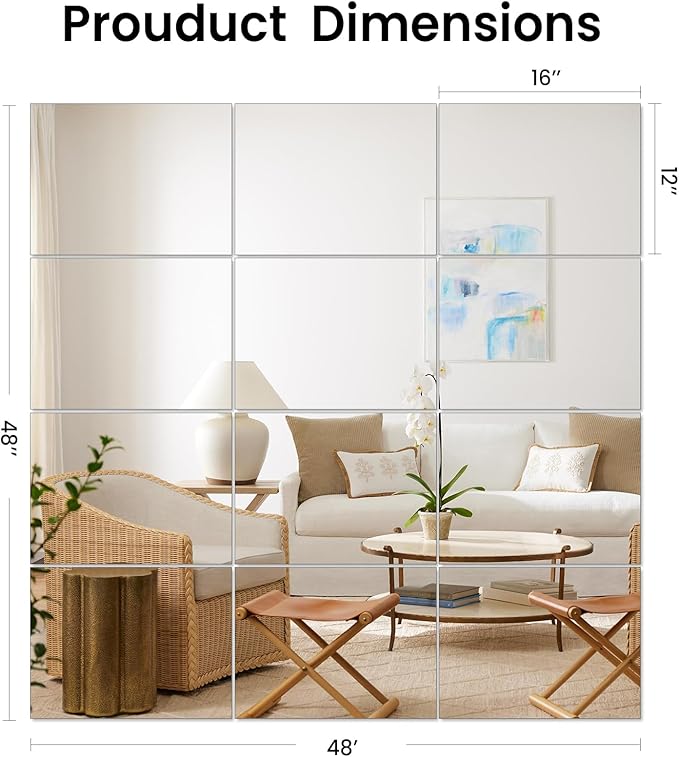 Home Gym Mirror for Gym, 12Pcs 16"×12" Wall Mirror Tiles, Frameless HD Glass Full Length Wall Mirrors for Wall Decor, Bedroom, Living Room, Over The Door, Self Adhesive