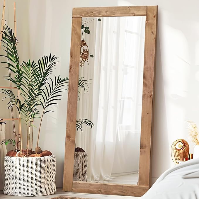 Full Length Mirror 71"x32" – Solid Wood Frame, HD Tempered Glass, Wall Mounted & Leaning, Rustic Modern Decor for Bedroom, Living Room, Entryway, Light Brown