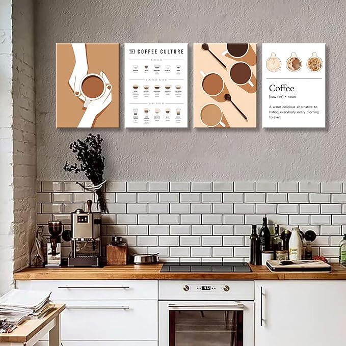 NCYEL 4pcs Modern Minimalist Coffee Wall Art Kitchen Coffee Shop Pictures Simple Home Decor Aesthetic Posters Neutral Brown and Beige Bar Decor 8x10 Inch unframed