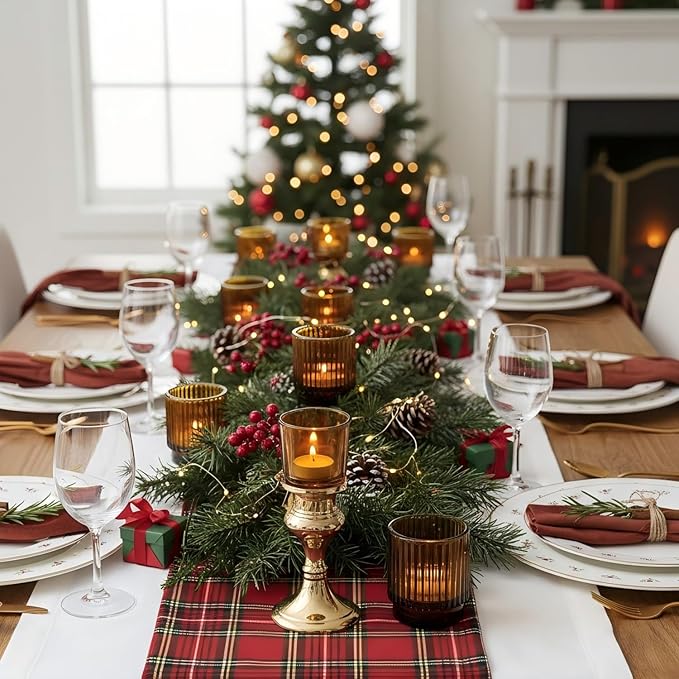 16 Pcs Large Amber Votive Candle Holders, Tealight Ribbed Candle Holders Glass for Thanksgiving Decorations, Amber Glass Candle Holder, Vintage Boho Christmas Table Decorations,