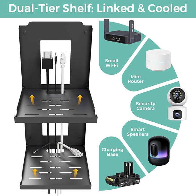 2-Tier Small Router Shelf Wall Mount - 7.5 inch Folding Metal Outlet Shelf w/Cable Holes | Dual-Layer Organize & Connect for WiFi Router and Modem | Folds Up & Stackable (7.5″ Wide)