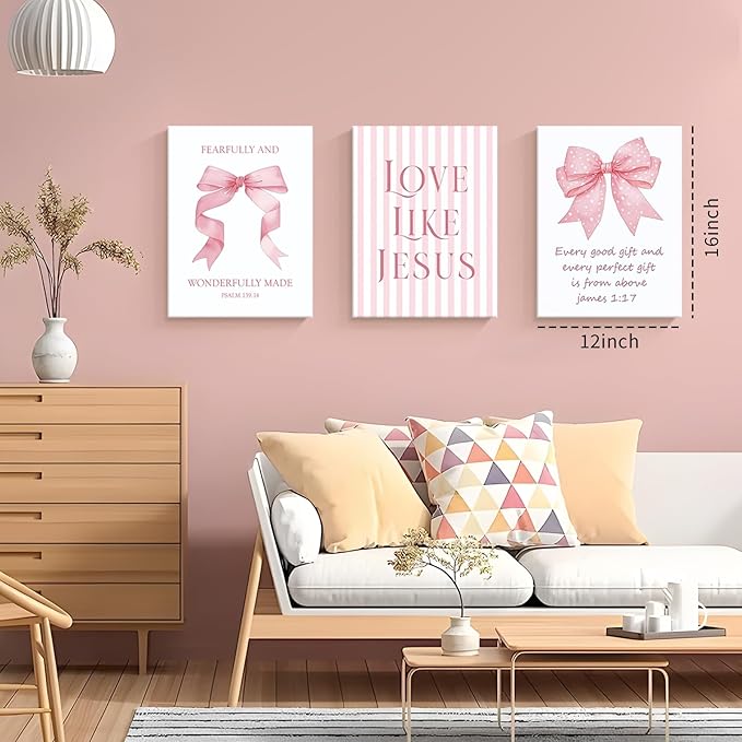 Dytila 3 Piece Pink Bows Wall Art for Girls Room, Bible Verse Pictures Bathroom Decor, Coquette Wall Artwork, Cute Teen Room Decoration, Dorm Decor for College, College Gifts for Girls 12x16 Inch