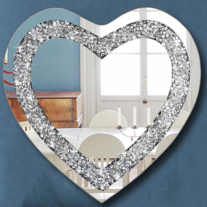 DMDFIRST Crystal Crush Diamond Heart Shaped Silver Mirror for Wall Decoration 20x20x1 inch Wall Hang Frameless Mirror Acrylic Diamond Décor.
