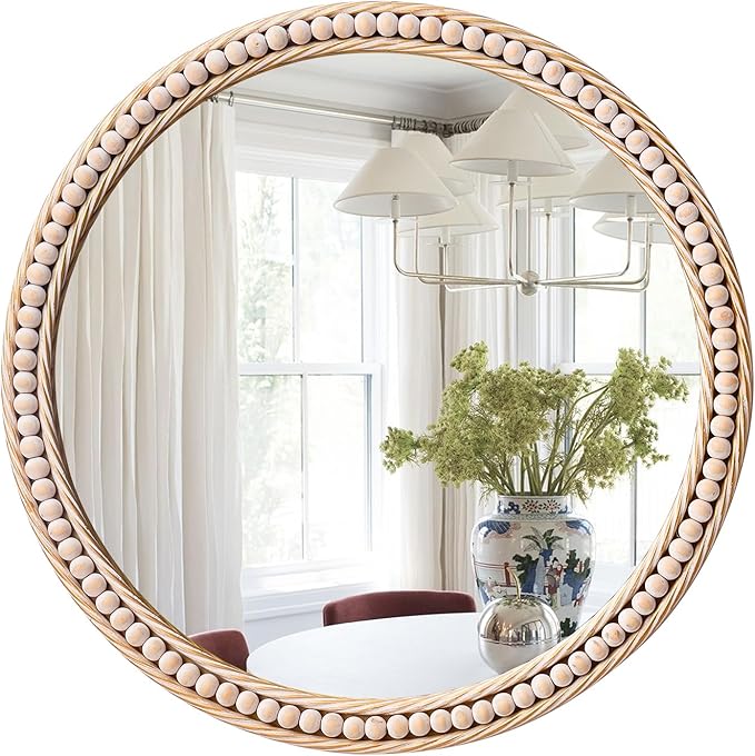 Antique Gold Round Wall Mirror 20", Ornate Beaded Metal Frame Mirror for Bathroom, Vintage Farmhouse Circle Accent Mirror for Bedroom Living Room Entryway or Vanity with Distressed Whitewashed Finish
