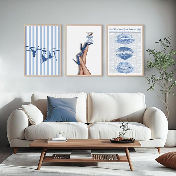 Blue Coquette Wall Art Decor Preppy Trendy Aesthetic Posters Funky Retro Y2k Canvas Wall Art Decor Blue Bow Bikini Lips Prints Girly Room Artwork for Dorm Bedroom 12x16 Inch Unframed Set of 3