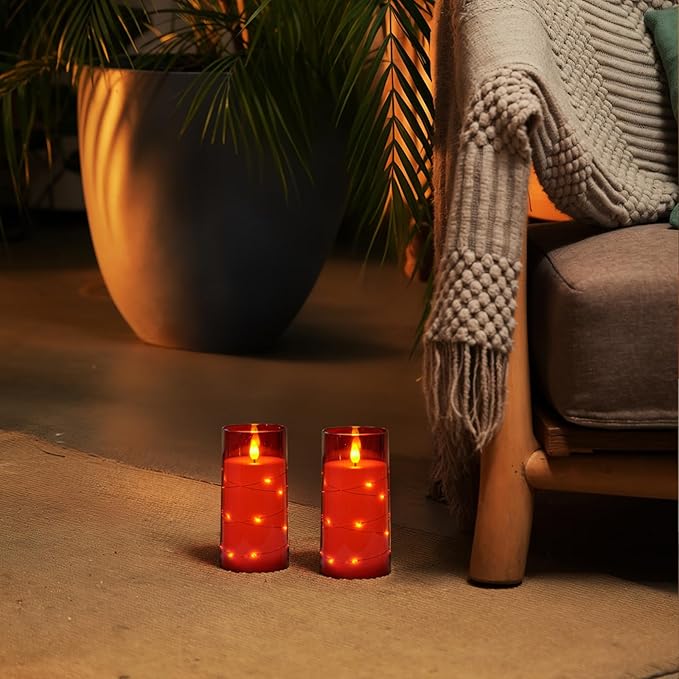 Homemory Flameless Candles with Embedded Star String Fairy Lights, Battery Operated Candles, LED Candle, Fake Candles with Remote Control and Timer, Red, Set of 2(H 6" 6")