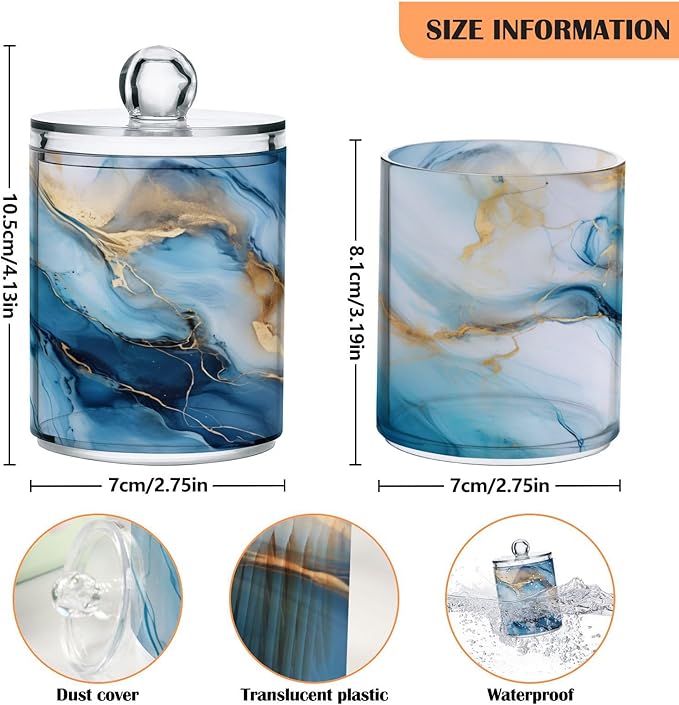 4 Pack Qtip Holder Dispenser Gold Marble Blue Fluid Marble Cotton Ball Swab Round Pads Floss Clear Bathroom Storage Containers Plastic Apothecary Jars with Lids