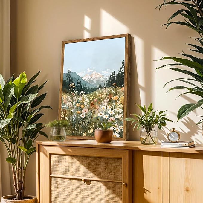 Framed Boho Landscape Wall Art, Colorful Floral Mountain Pictures Wall Decor, Vintage Wildflower Nature Paintings Canvas Prints Rustic Home Decor for Living Room Bedroom Office 16x24 inch
