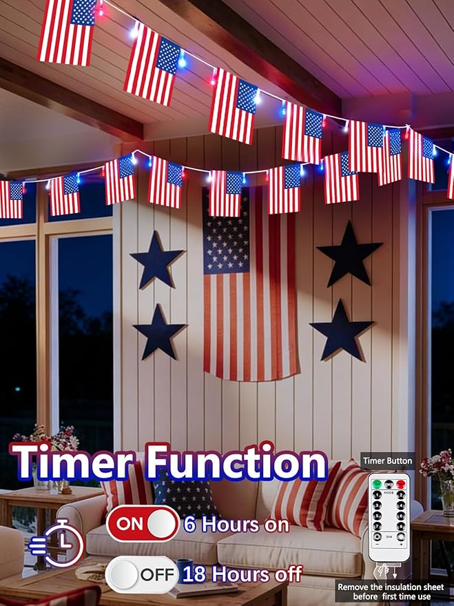 4th of July Patriotic Lights, 2PK 48FT 100LED Red White Blue String Lights with 50 American Flags, Battery Operated Waterproof 8 Modes & Remote & Timer for 250th Anniversary Independence Day Decor