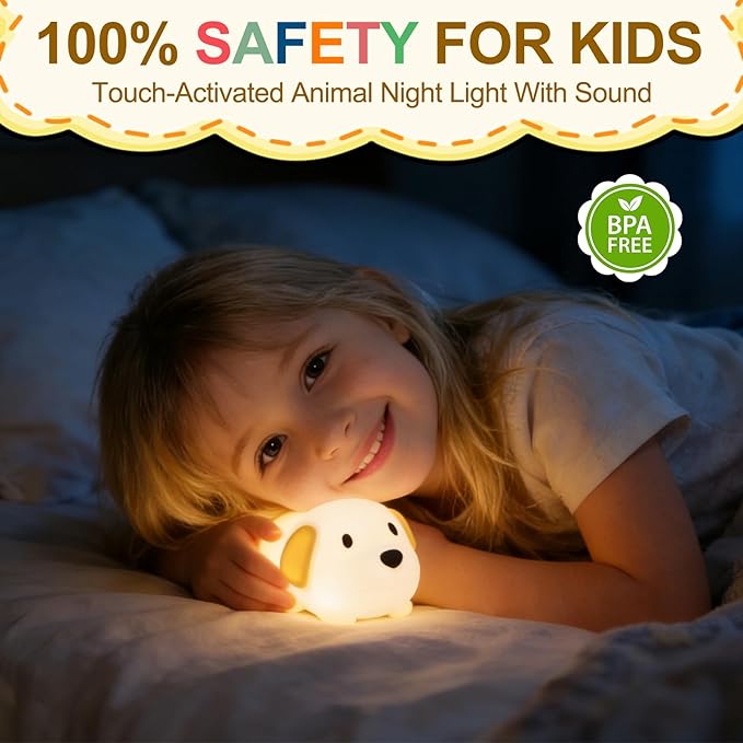 Dog Night Light & Lamp for Kids - Squishy Silicone Lying Puppy, Dimmable and 7 RGB Colors, Switchable Animal Sound, Portable Rechargeable BPA-Free, Gift for Children/Teens/College Students/Girlfriends
