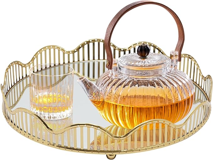 Gold Mirrored Tray with Ornate Frame, 12.4” Round Vanity Tray for Perfume & Jewelry Organizer, Decorative Makeup Tray with Mirror Base for Dresser, Bathroom, Coffee Table, Home Decor