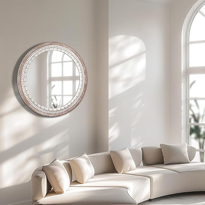 Reflinto 30 Inch Rustic Farmhouse Round Wood Mirror Wall Decor, Boho Circle Decorative Mirrors for Bathroom Over Sink, Bedroom, Living Room, Entryway, Foyer