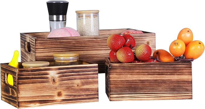PHOENANCEE Wooden Crate Stackable Decorative Wood Crates set of 3 for Storage Display Rustic Nesting Box Basket Home Decoration Boxes Container Bin with Handles Farmhouse Decor,Solid Pine,L+M+S