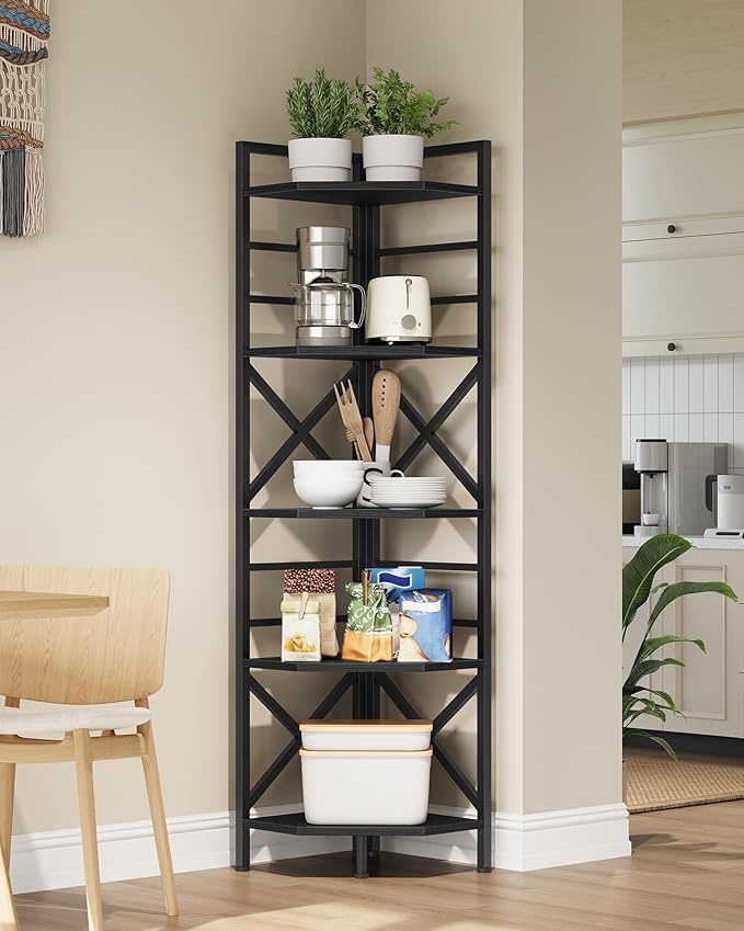 CHOEZON 69.3" Corner Shelf 5-Tier, Large Corner Shelving Unit, Freestanding Storage Stand for Bedroom, Living Room, Kitchen, Industrial Engineered Wood Bookshelf Organizer, Black TCJ15BB
