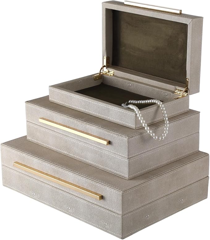 3 Pcs Ivory Shagreen Boxes, PU Leather Watch Jewelry Organizers with Velvet Lining, Golden Handles Decorative Boxes, Modern Nesting Storage Boxes for Dresser, Shelf, Closet