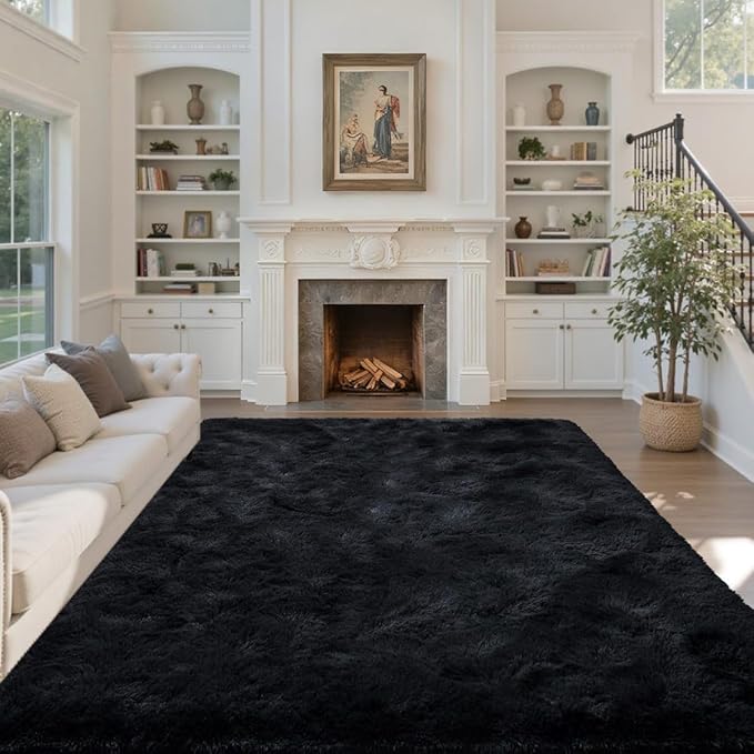 6x9 Ft Large Black Shag Rug for Living Room Bedroom, Ultra Soft Fluffy Furry Area Rug, Aesthetic Carpet for Indoor Floor Home Decor