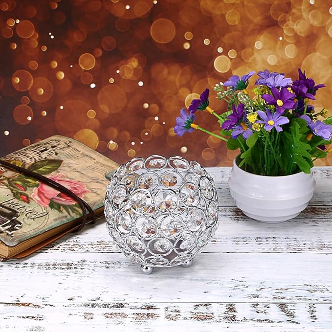 OwnMy 10cm Crystal Bowl Votive Candleholder Sparkly Tea Light Candle Holders Candle Lanterns Decorative Candelabra Vase for Christmas New Year Wedding Table Centerpieces (Silver Tone)