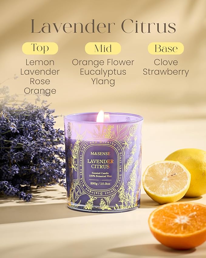 M&SENSE Lavender Citrus Scented Candle, Non Toxic Soy Wax Clean Burn, 55 Hours Long Burning 10.3oz, Stress Relief Fresh Home Fragrance Gift Ready Decor, Housewarming Gifts for Women