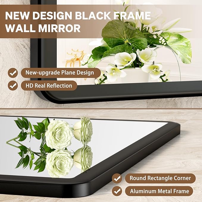 pertetey New Upgrade Bathroom Mirror, 48X40 Inch Black Metal Frame Wall Mounted Rounded Rectangle Bathroom Vanity Mirror with Tempered Glass for Washroom Bedroom Living Room
