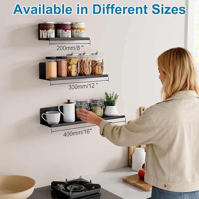 SAYAYO Black Floating Shelves for Wall Storage, 8 Inch Screw or Self Adhesive Wall Shelves for Bedroom Decor, Small Display Bathroom Shelf Organizer for Kitchen, Living Room, Office, 2pcs