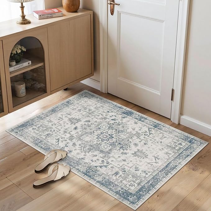 Rugxara 2x3 Entryway Rug,Door Mat Indoor Entrance, Washable Non Slip Kitchen Bathroom Rugs, Ultra-Thin Throw Small Rug for Front Door, Blue Grey