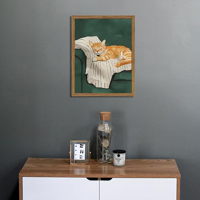 Funny Cat Wall Art Cute Cat Sleeping on Couch Wall Decor Painting Orange Pet Kitty Portrait Pictures Prints Contemporary Animal Canvas Artwork for Bedroom Living Room 16x24 inch Wood Framed