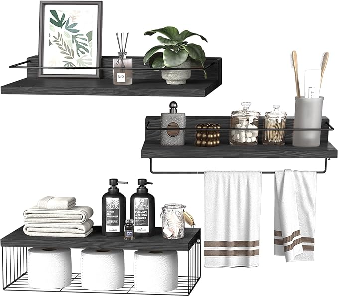 PopiShelves 22.5 inches Bathroom Shelves Over Toilet for Wall, Floating Shelves with Storage Basket Paper Holer for Kitchen Living Room, Bedroom & Classroom, Set of 3 (Black)